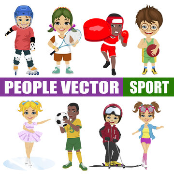 Set Of Diverse Kids. Hockey Player, Tennis, Boxer, Basketball, Figure Skater, Soccer, Skier, Roller