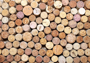 Closeup pattern background of many different wine corks, wine corks background, different wine corks texture