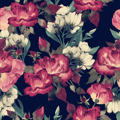 Panele Szklane Podświetlane  Seamless floral pattern with roses, watercolor. Vector illustration.  