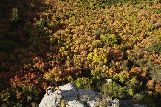 Man climbing at Native American Wall, Utah, USA
