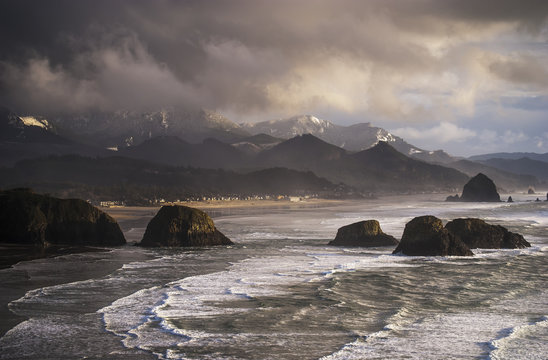 Winter weather comes to the Oregon coast; Cannon Beach, Oregon, United States of America