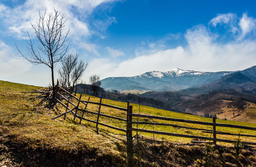 Obraz premium wooden fence along the path in mountains