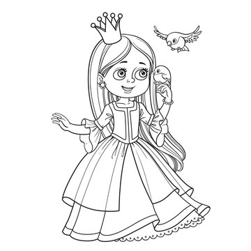 Cute princess with long hair holds on finger little bird outlined picture for coloring book on white background