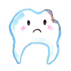 Cartoon damaged tooth with sad face painted in watercolor on clean white background