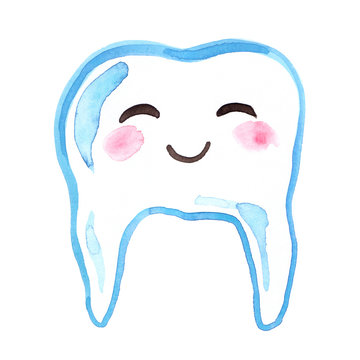 Abstract single tooth with happy cartoon face painted in watercolor on clean white background