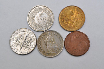 One cent from different countries, American liberty, euro cent, switzerland, Russia