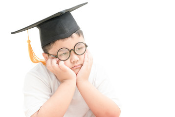 asian school kid graduate bored with graduation cap isolated