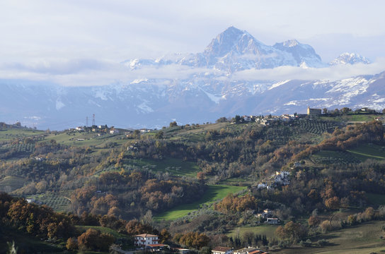 View of the countryside with the Maiella peak in the background; Abruzzi, Italy