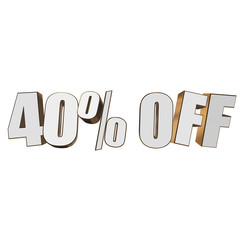 40 percent off letters on white background. 3d render isolated.