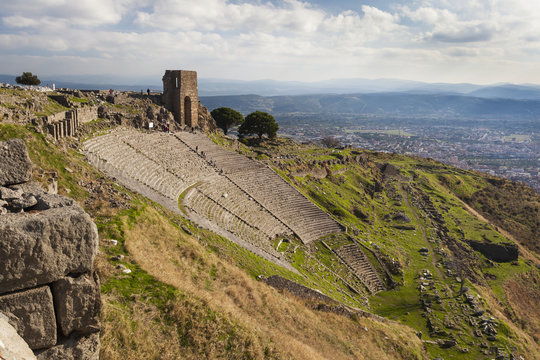 Ruins of the theater in Pergamum, with such good acoustics that a whisper onstage could be heard all the way to the top row; Pergamum, Turkey