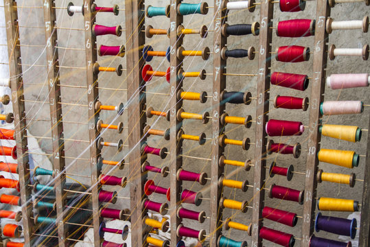 Yarns at a lurik workshop in Cawas village, Klaten, Central Java, Indonesia