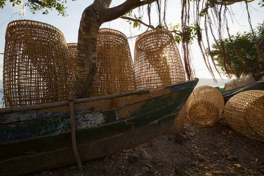 Fishing boat with traditional fishing nets, Ternat Island, Alor, Indonesia