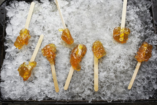 Harden maple syrup on a wooden stick sitting on ice; Elmira, Ontario, Canada