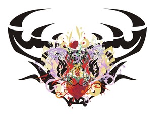 Grunge deer head. Tribal deer head formed by the eagle heads and red heart with floral splashes, arrows and asterisks