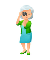vector illustration of an old active lady with camera, who is dressed in elegant dress and cardigan. She is standing and taking a photo