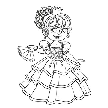 Lovely princess with fan in hand outlined picture for coloring book on white background