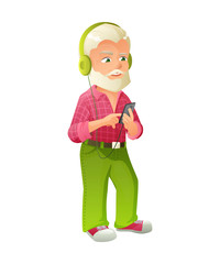 vector illustration of an old active man with mustache and beard, who is dressed in a checked shirt. He is standing and listening to music on smartphone.