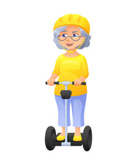 Fototapeta na wymiar vector illustration of an old active lady with glasses and protect helm, who is dressed in tunic and breeches. She is riding on self-balancing scooter.