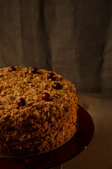Homemade honey cake with nuts and spices.
