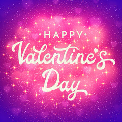 Valentines Day card or banner with shiny bokeh blurred hearts, glitter texture confetti and sparkles. Romantic poster with hand lettering text on pink and purple backdrop. Font vector illustration.