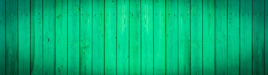Panorama, old green wooden background, painted wood texture