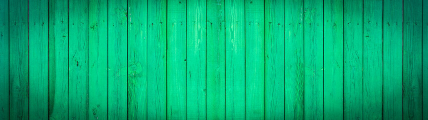 Panorama, old green wooden background, painted wood texture