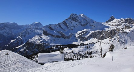 Fototapeta na wymiar Winter landscape in Braunwald, Swiss Alps