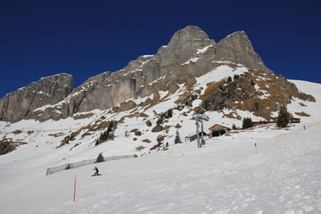 Summit station of the Gumen cable car in Braunwald, Swiss Alps.