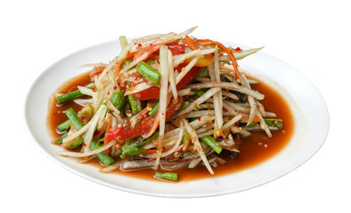 Spicy papaya salad (Som Tum) Thai traditional food isolated on white background, clipping path included