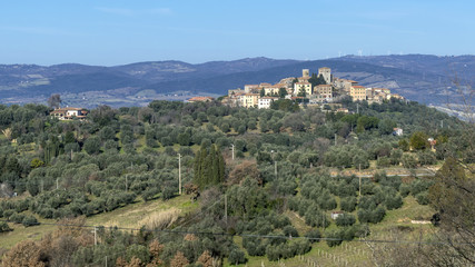 Fototapeta na wymiar Wonderful panoramic view of the medieval village of Montemerano, Grosseto, Tuscany, Italy