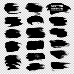 Black big textured strokes set  isolated on imitation transparent background
