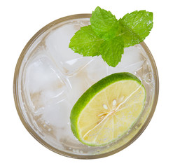 Lime soda mojito drink cocktail with mint top view isolated on white background, clipping path included