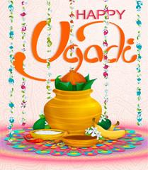 Happy Ugadi, holiday set, template, greeting card,.. Gold pot, coconut, flowers of Neem tree,mangoes, tamarind, pepper,sugar water, bananas, salts.. Handdrawn vector illustration. Samvatsarādi, Yugadi