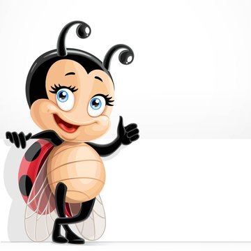 Cute cartoon ladybug hold big banner and stand on a white background