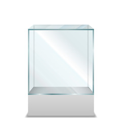 Empty transparent Glass Box on pedestal, Isolated on White Background, Vector