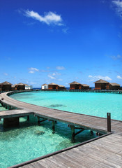 Maldives resort bridge. Water Bungalow, Water Villa