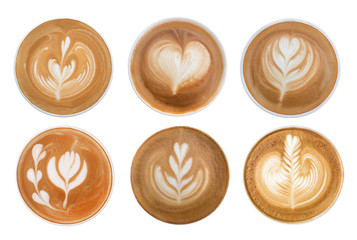 Top view of hot coffee latte art foam set isolated on white background