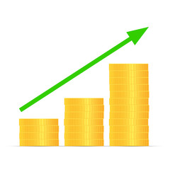 Stacks of gold coins graph arrow. Income and profits. Isolated on white background. Vector illustration.