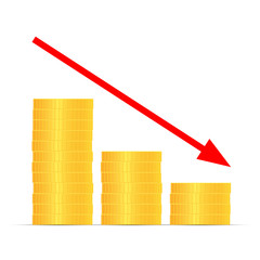 Stacks of gold coins graph arrow. Income and profits. Isolated on white background. Vector illustration.