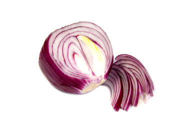 Sliced red onion rings isolated on white background cutout
