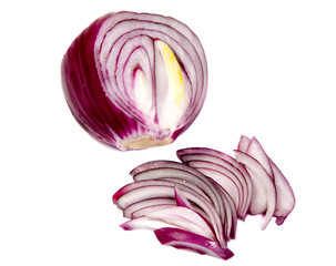 Sliced red onion rings isolated on white background cutout