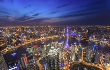 Naklejka na ściany i meble Aerial View of Shanghai Cityscape at Night