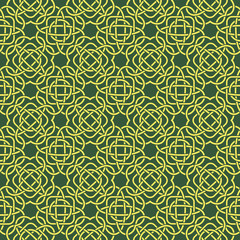 Clover seamless pattern in Celtic Style. St. Patrick's Day endless repeat backdrop in green and yellow colors, texture, wallpaper. Luck symbol backdrop. Stock vector