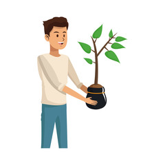 gardener man holding a plant in a pot over white background. colorful design. vector illustration