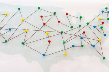 USA map connected by pushpins