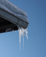 Icicles hanging from the end of a gutter of a roof somewhere in the Bavarian Alps
