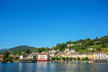 Fototapeta na wymiar Lakeside promenade at Orta, view from San Giulio island, Piedmont, Italy, Europe
