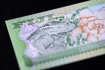 Banknote five Fijian dollars on a dark background close up