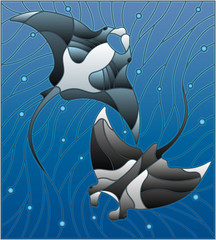 Naklejka premium Illustration in the style of stained glass with two manta rays manta rays on the background of water and air bubbles
