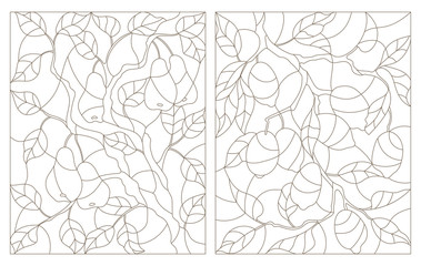 Set contour illustrations of stained glass, the branch of a lemon tree and a pear tree with ripe fruits
